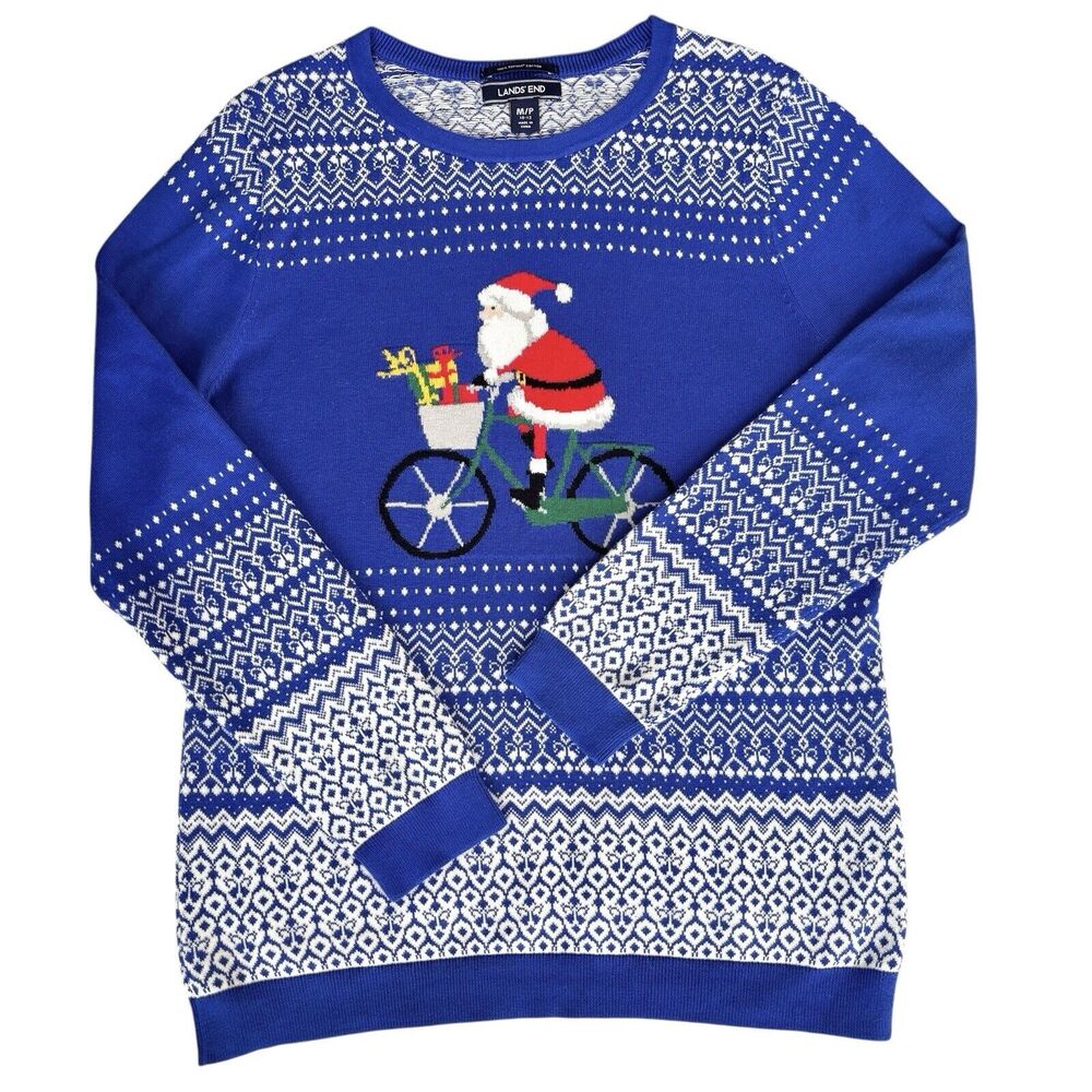 Lands End Santa Riding Bike Blue‎ Christmas Sweater Sz PM Cotton